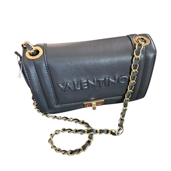 NWT - Valentino - Midnight Blue Leather Gold Chain Embossed Shoulder Bag - Picture 4 of 13